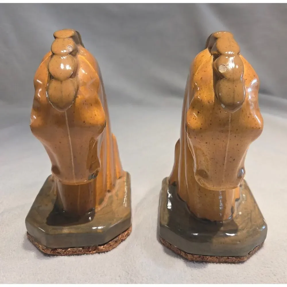 Vtg Pair Horse Head Ceramic Bookends Trojan Art Deco Cork Bottom